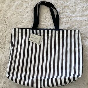 Striped Black and White Canvas Tote Bag with Black Handles